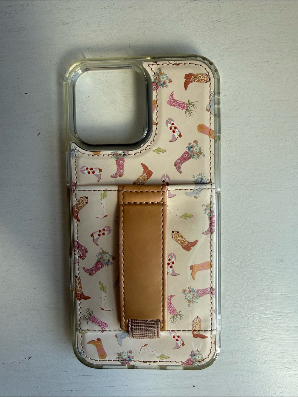 Pink Western Boot Pattern Phone Case with Tan Leather Strap